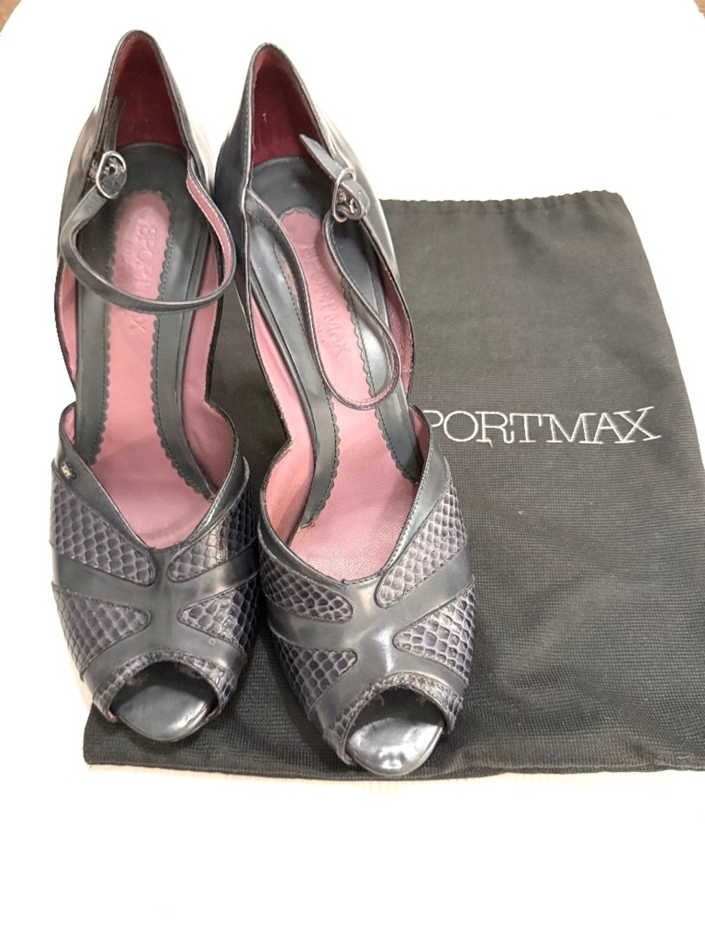Sportmax Max Mara Grey Snakeskin Peep Toe Heels 39